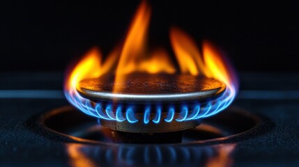 Gas stove with flames on a dark background.