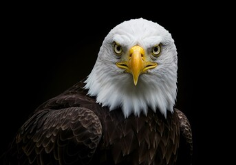 Obraz premium Majestic Bald Eagle with Intense Gaze and Detailed Feather Texture on a Stark Black Background Capturing the Fierce Beauty of this Iconic Bird of Prey