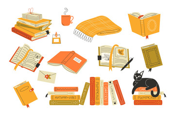 Autumn book collection with literature diary and seasonal reading in flat style