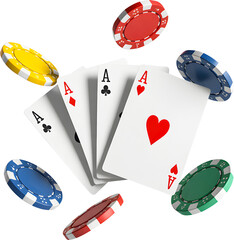 Four aces playing cards and colorful casino chips isolated on transparent background