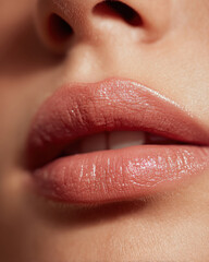 Fototapeta premium Elegant lips with natural beige hue showcase soft, glossy finish, highlighting beauty and sophistication. close up emphasizes texture and allure, creating inviting expression