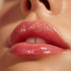 Glossy, youthful lips with clear lip gloss shine, showcasing close up view that highlights smooth texture and natural beauty. image evokes sense of freshness and allure