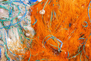 fishing nets with rigging in bulk close-up