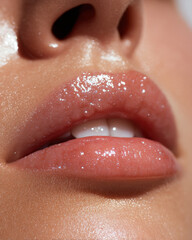 Glossy lips glisten under soft light, showcasing close up view of smooth, hydrated skin. clear gloss enhances natural beauty, creating inviting and fresh appearance