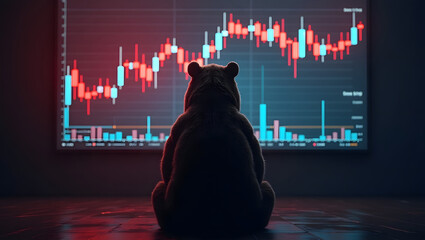 A calm bear watches the market collapse — symbolizing patience, awareness, and the quiet control of bearish timing.