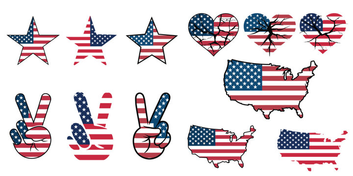 Patriotic American Symbols Featuring Stars, Peace Signs, Hearts, and the USA Map with Stars and Stripes for Representing Freedom, Unity, Independence, and National Pride in Creative Designs