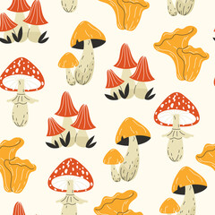 Seamless Autumn Pattern with Red and Yellow Mushrooms Flat Style