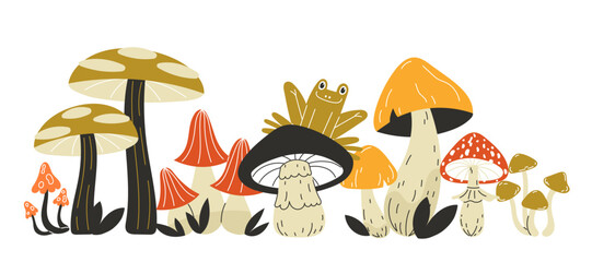 Flat Style Autumn Mushroom Composition with Green Frog in Warm Colors