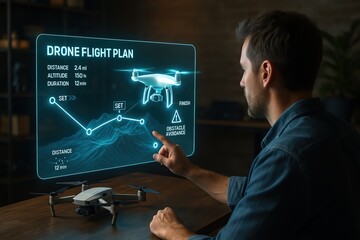 A man analyzing a drone flight plan on a digital interface with advanced metrics.