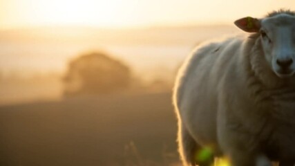 Peaceful early morning close up of a sheep in golden light on a countryside hill landscape - Powered by Adobe