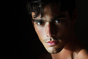 Dark-haired young man looking into the camera, portrait with black studio background