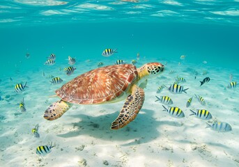 Obraz premium Majestic sea turtle glides gracefully through clear turquoise ocean waters surrounded by a school of vibrant yellow and black striped fish over a sandy seabed
