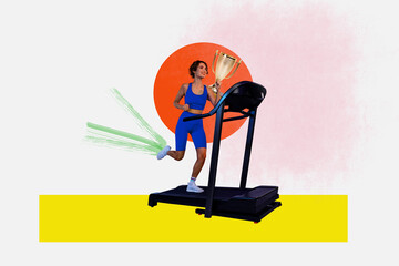 Creative artwork template sketch image 3D collage of treadmill fitness activity young lady run...