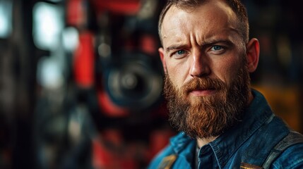 A man with a beard and mustache, wearing a blue denim jacket, standing in a workshop with tools and machinery in the background.