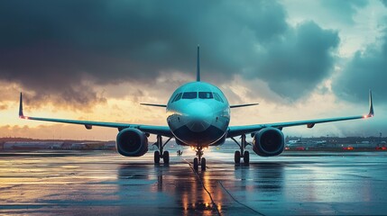 Obraz premium A commercial airplane on a runway at an airport during a stormy day with a dramatic sky.