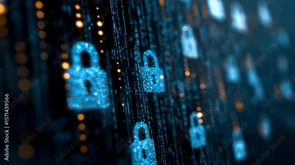 Aufkleber an abstract representation of a cyber attack featuring digital padlocks and binary codes merging int