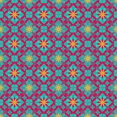 seamless wallpaper pattern,flower and leaf created by combining red green,yellow curves and painting,red background in geometric patterns to as sarong,tile,fabric,printed fabric,tablecloth patterns.