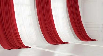 Elegant White and Red Draped Curtains in Classic Interior Setting