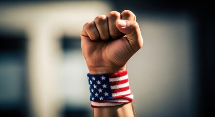 Fototapeta premium A clenched fist wearing a wristband with the American flag pattern raises in solidarity and support