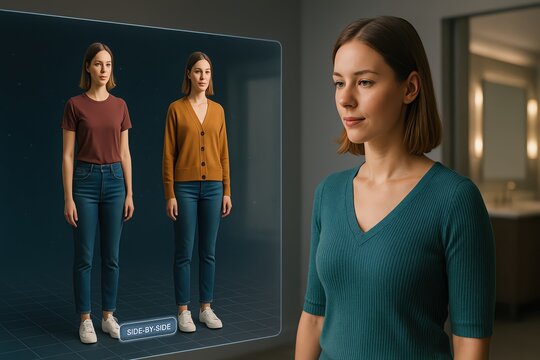 A woman explores digital fashion visuals with a modern interface display.