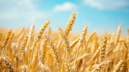 Fototapeta premium A wheat field with golden ears of wheat under a clear blue sky with a few scattered clouds.