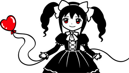 Cute Anime Girl in Black Dress Holding Red Heart Balloon