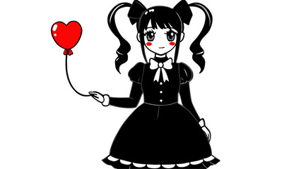 Cute Anime Girl in Black Dress Holding Red Heart Balloon