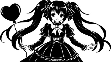 Anime Girl with Long Hair Holding Heart Balloon Black and White Illustration