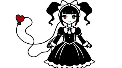 Cute Anime Girl in Black Dress with Heart Balloon