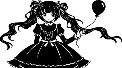 Anime Girl in Lolita Dress with Balloon Black and White Illustration