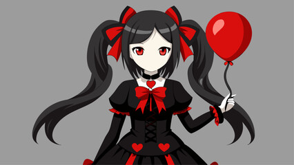 Anime Girl with Long Black Hair in Gothic Lolita Dress Holding Red Balloon