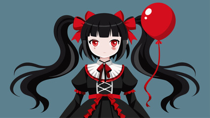 Anime Girl with Long Black Hair Red Bow and Balloon