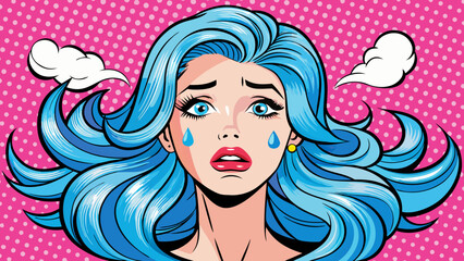 Upset Woman with Blue Hair Crying Pop Art Illustration