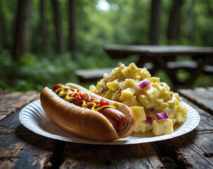Delicious hot dog served with creamy potato salad in a serene forest setting perfect for a summer picnic