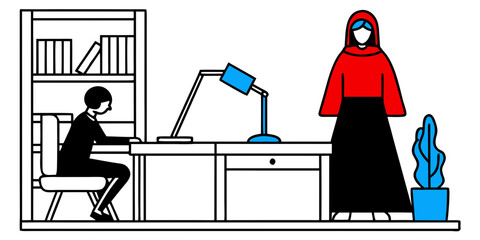 Person working at desk with a woman in a red hooded cloak standing nearby