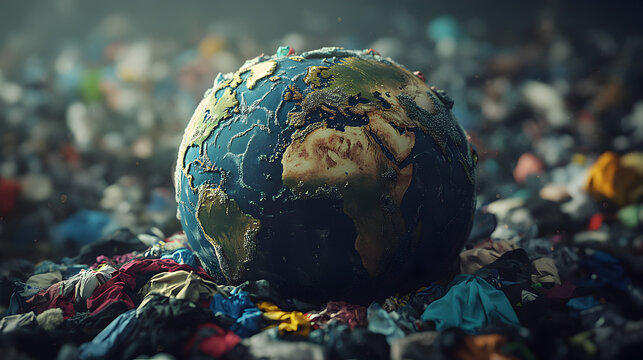 el planeta tierra contaminado sobre un campo lleno de telas  prendas de ropa desgastadas y viejas por el consumismo y la moda rapida causando basura y contaminacion ambiental cambio climatico 