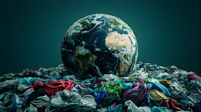 un monton o pila de basura de telas y ropa vieja y desgastada por el consumismo y la moda rapida desperdicios contaminando el mundo excesivos desechos cambio climatico 