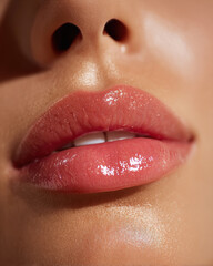 Obraz premium Glossy female lips with radiant shine, showcasing hydration and beauty. lip gloss reflects light, enhancing natural allure and softness of lips