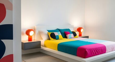 A colorful bedroom with a bed with bright bedding and orange lamps on bedside tables near a wall