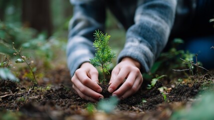Person plants a young tree in the forest during a community reforestation event in autumn