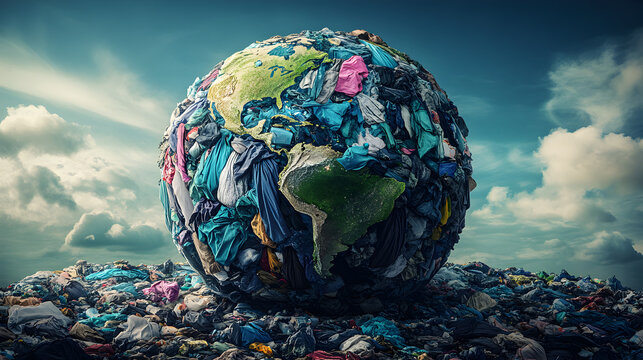 el planeta tierra envuelto en prendas de ropa telas desgastadas por el consumismo y los desechos de basura contaminacion ambiental moda rapida 