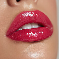 Obraz premium Glossy lips with vibrant pink hue showcase glass like shine, creating alluring and captivating appearance. smooth texture enhances overall beauty, making it striking focal point