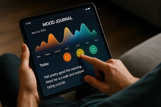 User interacts with a mood journal app on a tablet to track emotions and well-being.