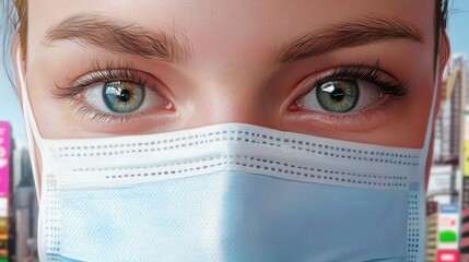 Focused female doctor in a mask, eyes reflecting soft neon light, city hues and clinical tones merge in a realistic, expressive medical portrait.