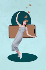 Contemporary artwork collage of happy girl guy stand phone heart notification icon social media...