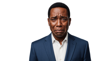 Sad African businessman crying, expressing deep emotion after losing job. Isolated on transparent background