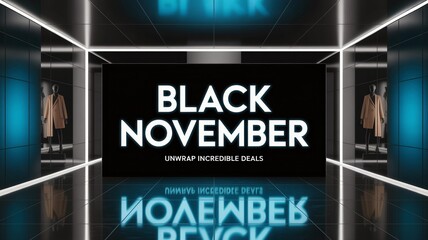 Naklejka premium Black November, Futuristic Black November Sale Display with Coats and Neon Lighting