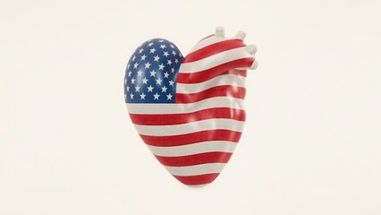 American flag heart shaped object with stars and stripes on a white background in studio shot
