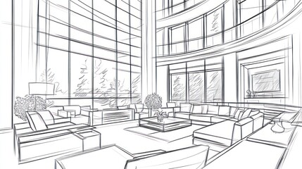 Interior sketch of a modern living room with large windows.