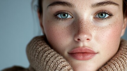 Portrait of a woman wrapped snugly in a chunky wool sweater, her face partially hidden, soft golden light falling across her features, emphasizing texture and warmth in a hyper-realistic style.